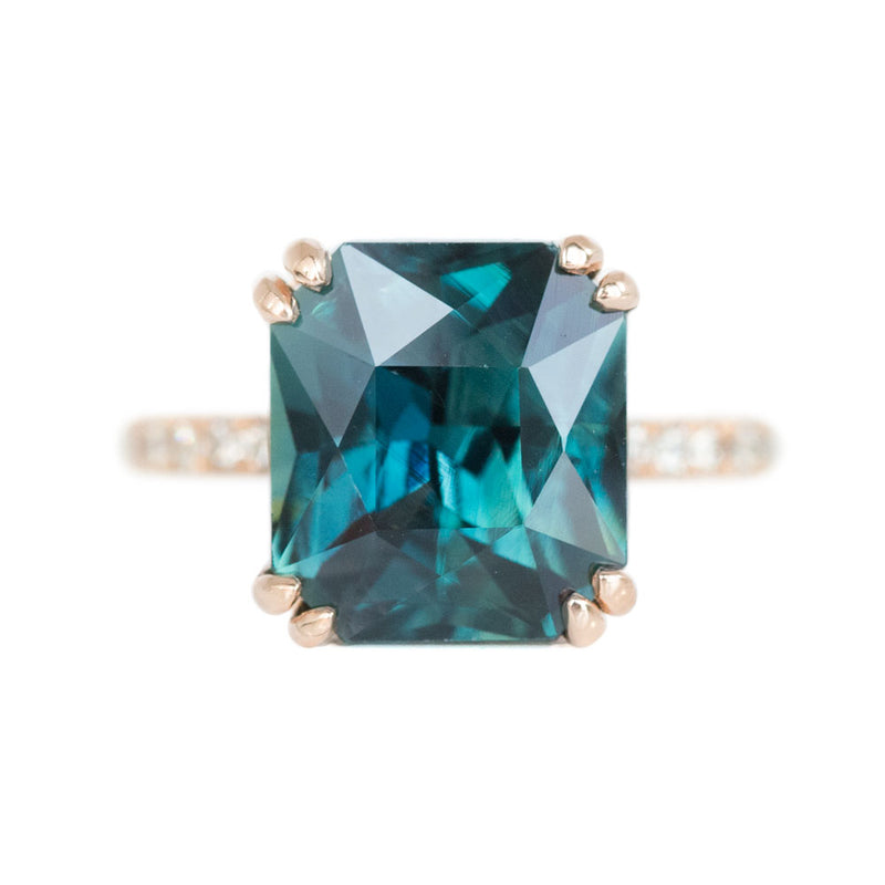 5.67ct Radiant Cut Teal Sapphire Ring with French Set Diamond Studded Band in 18k Rose Gold