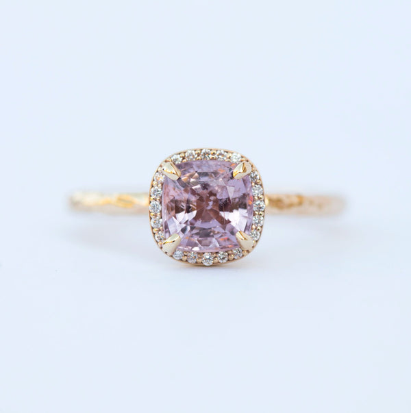 Lavender Lilac Cushion Spinel and Diamond Engagement Ring in Hand Carved Recycled Yellow Gold Earthy Setting - Gemstone Engagement Ring by Anueva Jewelry