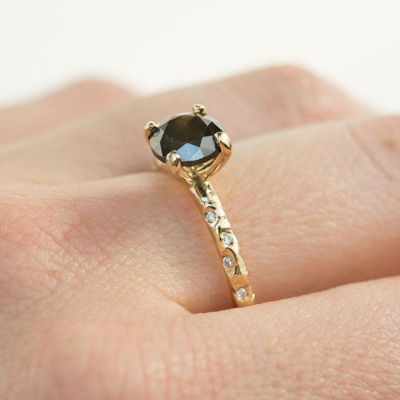 1.72ct Black Diamond in 14k Yellow Gold Evergreen Setting with Embedded Diamonds