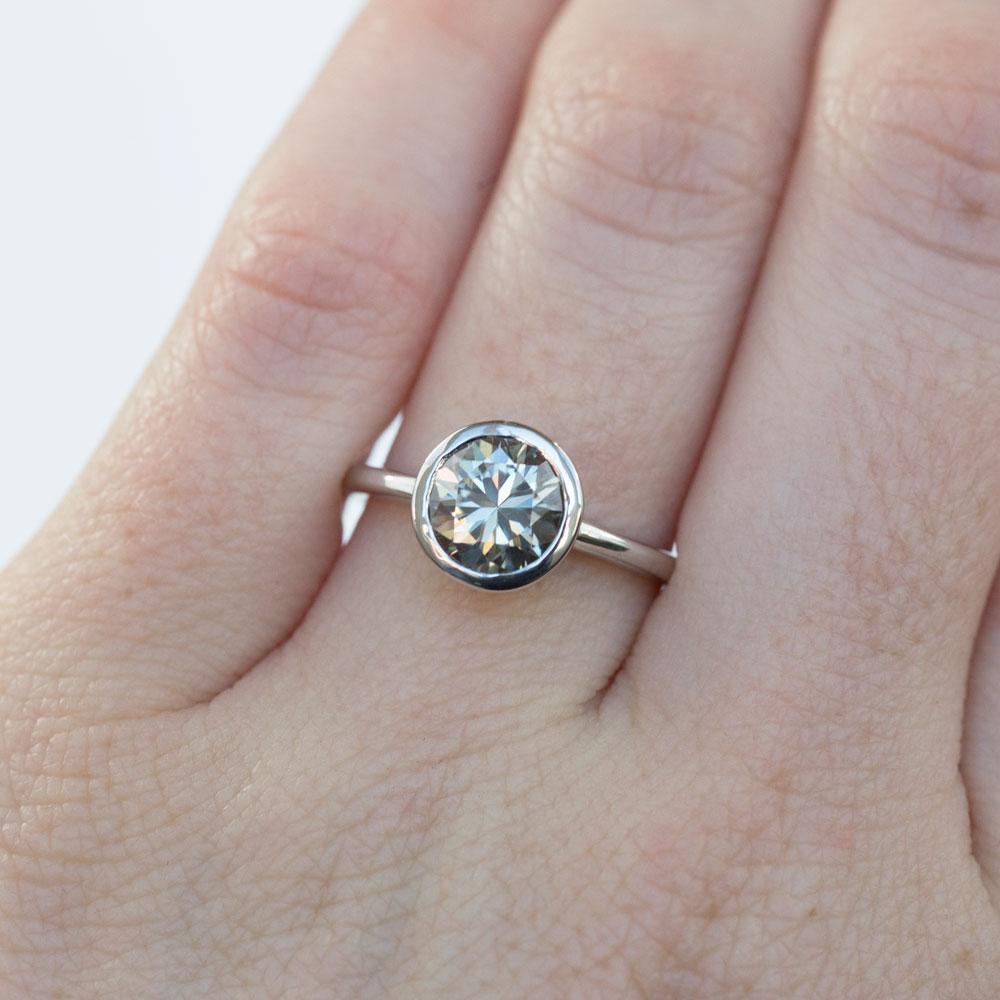 Grey Moissanite White Gold Bezel Set Solitaire Ring Anueva Jewelry