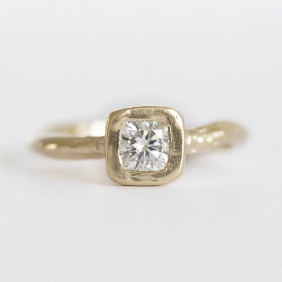 Square Moissanite Yellow Gold Engagement Ring - Hand Carved Forever One Moissanite Engagement Ring in 14k Recycled Gold by Anueva Jewelry