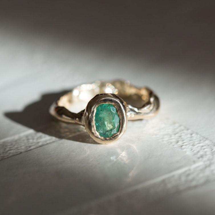 Green Emerald Yellow Gold Ring - March Birthstone - Natural Emerald Organic Ring - Freeform hand carved recycled gold ring by Anueva Jewelry
