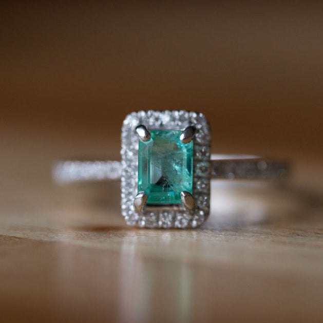 Emerald Engagement Ring - Platinum Teal Diamond Emerald Ring - Petite Engagement Ring Size 4.5 - Antique Inspired Jewelry by Anueva Jewelry
