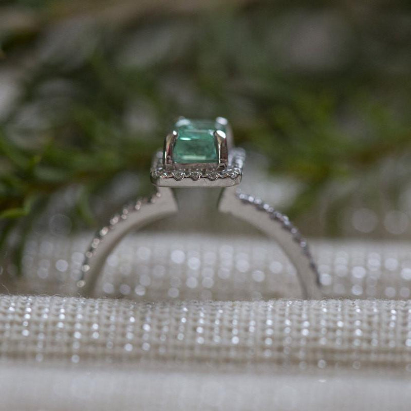 Emerald Engagement Ring - Platinum Teal Diamond Emerald Ring - Petite Engagement Ring Size 4.5 - Antique Inspired Jewelry by Anueva Jewelry