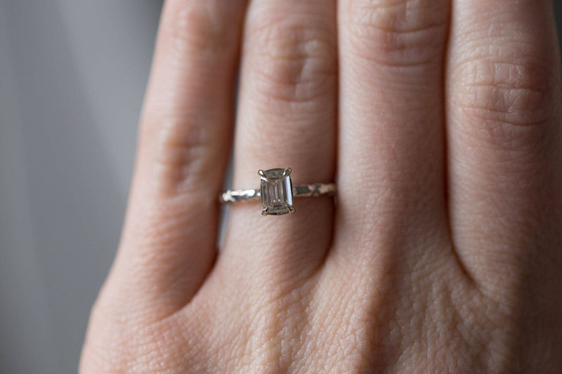 evergreen rustic moissanite hand carved emerald cut engagement ring