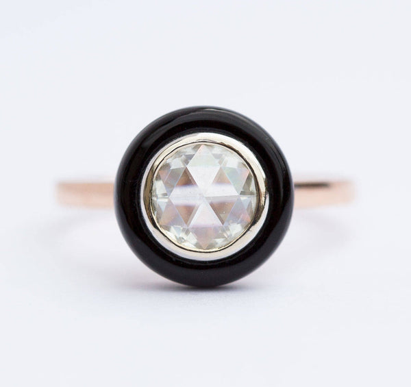 black target onyx halo moissanite art deco antique inspired engagement ring