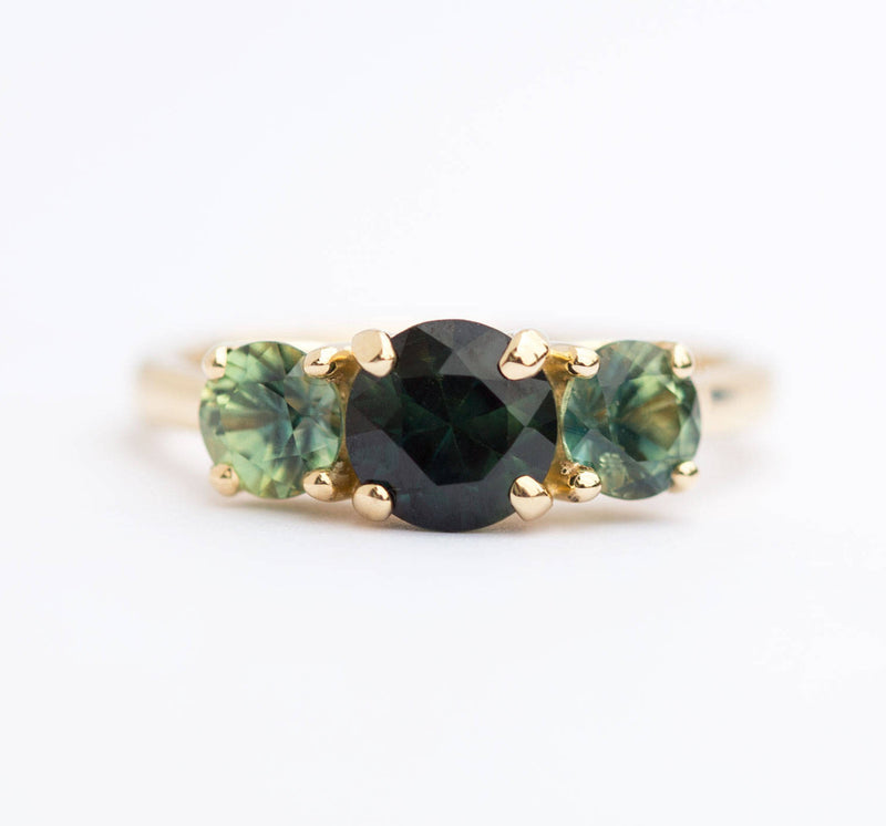 Rare Three Stone Blue Green Sapphire Engagement Ring - Mermaid Bi Color Sapphire Ring in Yellow Gold-  Unique Engagement Ring by Anueva