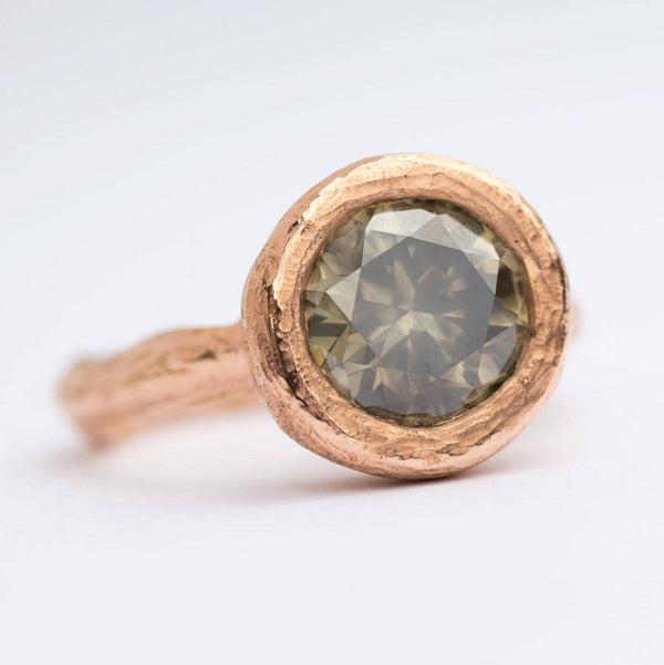 Hand Carved rose gold green big diamond bezel set three carat ring by Anueva Jewelry