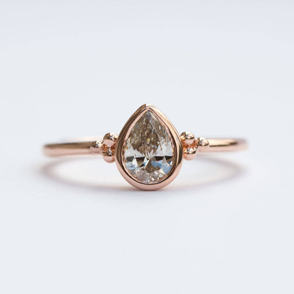 Low Profile Rose Gold Pear Champagne Diamond Ring - Champagne Light Brown GIA Diamond with antique granulation detailing by Anueva Jewelry