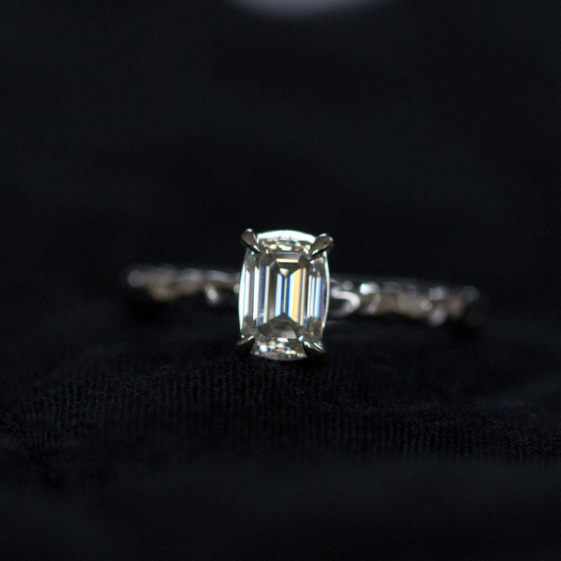 evergreen rustic moissanite hand carved emerald cut engagement ring
