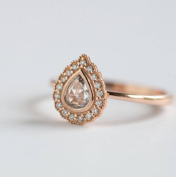 Rose Gold Pear Rosecut Diamond Antique Style Engagement Ring - Milgrain detail scalloped diamond halo with bezel set pear by Anueva Jewelry