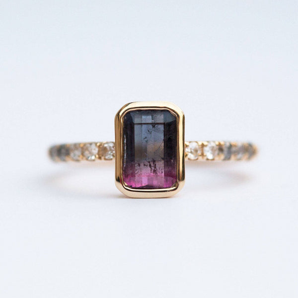 watermelon pink and black ombre tourmaline yellow gold gemstone bezel set diamond ring
