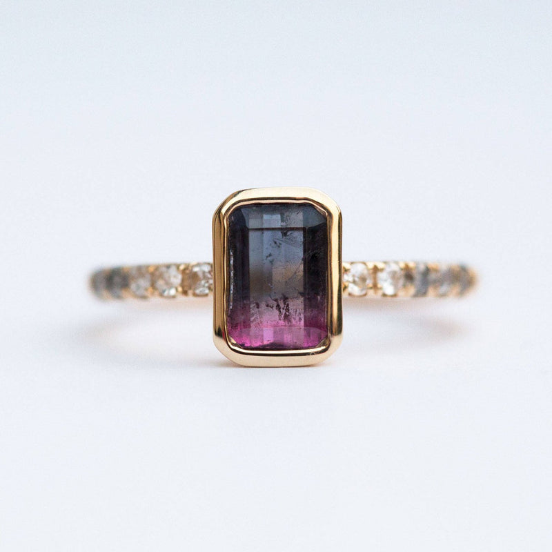 watermelon pink and black ombre tourmaline yellow gold gemstone bezel set diamond ring