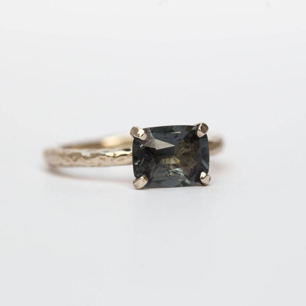 grey cushion spinel recycled gold hand carved grey gemstone engagement ring