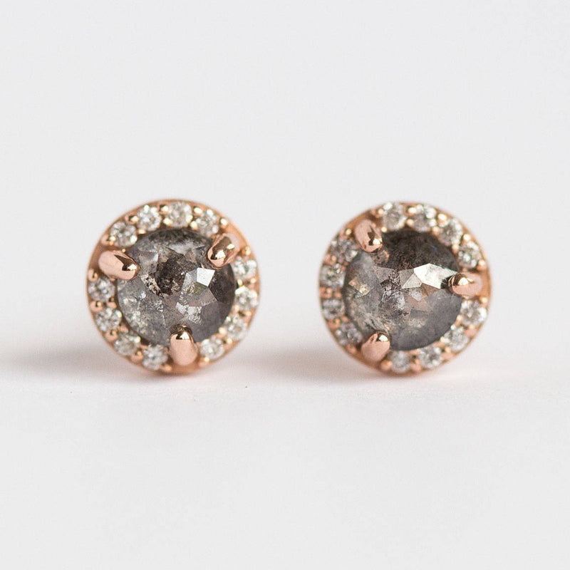salt and pepper rosecut diamond rose recycled galaxy diamond halo black stud earrings