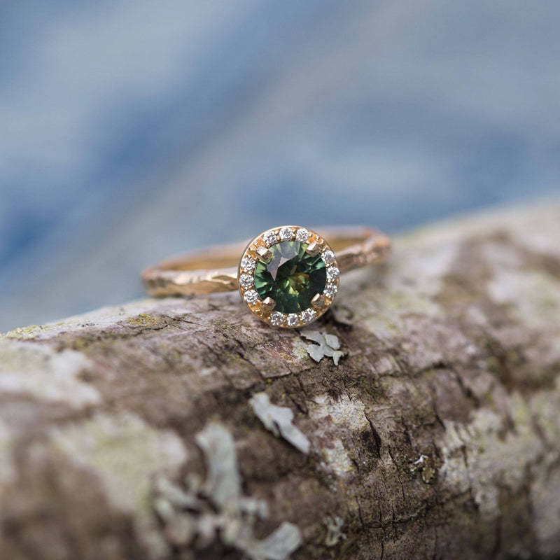 evergreen sapphire halo recycled gold engagement ring