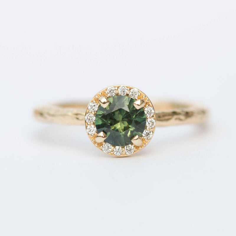 evergreen sapphire halo recycled gold engagement ring
