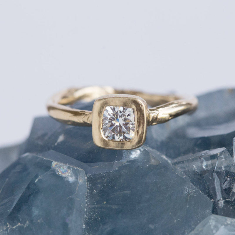 Square Moissanite Yellow Gold Engagement Ring - Hand Carved Forever One Moissanite Engagement Ring in 14k Recycled Gold by Anueva Jewelry
