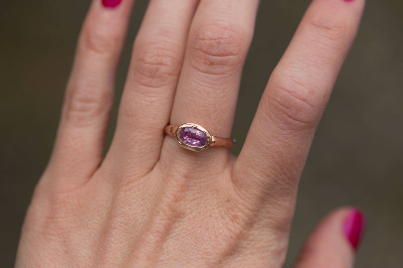 Pink Sapphire Rose Gold Ring - Hand carved rose gold ring in recycled gold - pink sapphire  -  Unique Engagement Ring by Anueva Jewelry