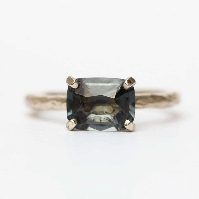 evergreen collection grey cushion spinel recycled gold hand carved grey gemstone engagement ring