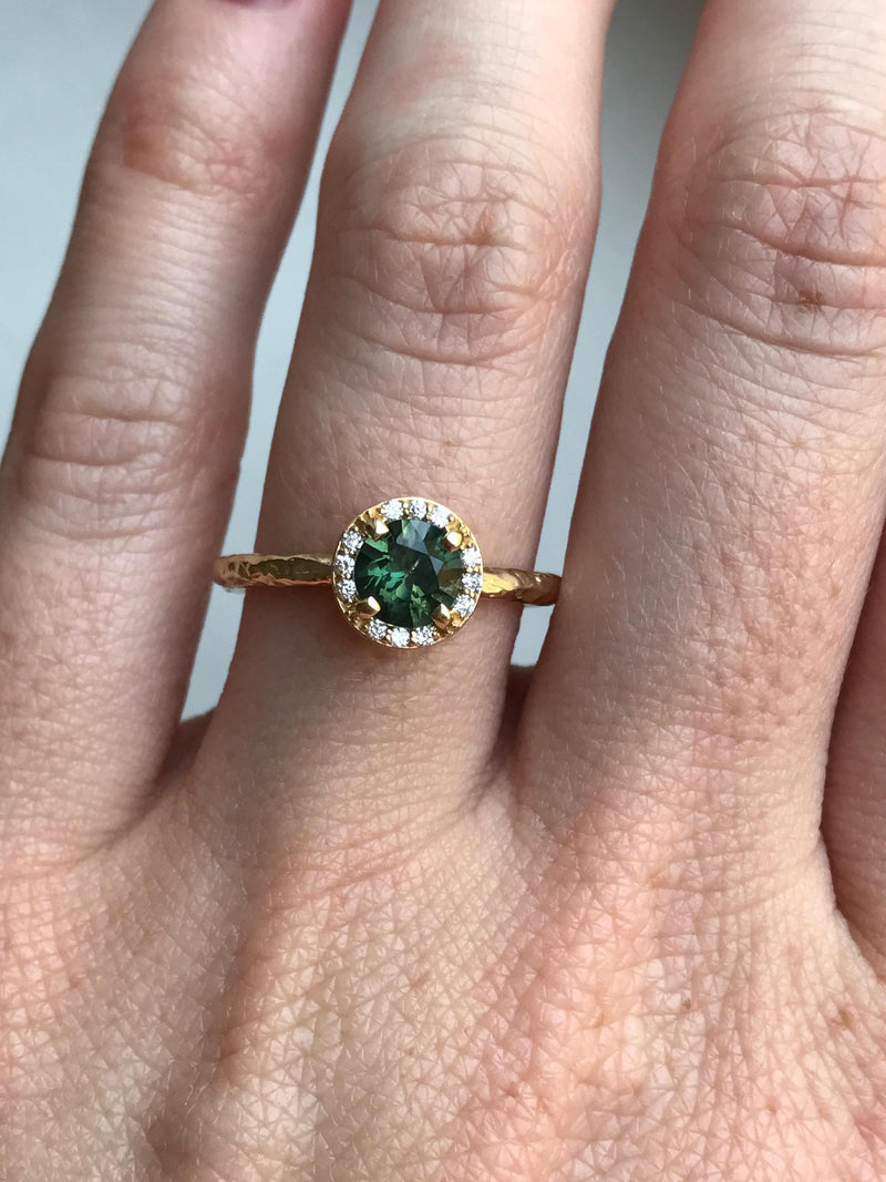 Diamond and Green Sapphire Engagement Ring in Hand Carved Recycled Yellow Gold Earthy Setting - Emerald Sapphire Engagement Ring by Anueva