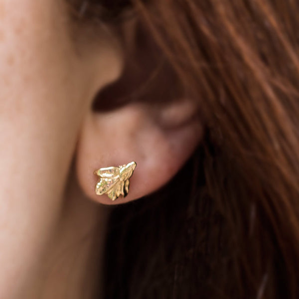 Grecian Gold Leaf Stud Earrings - Real Leaf Castings in Solid Gold - Gold Leaf Earrings - Organic Handmade by Anueva Jewelry