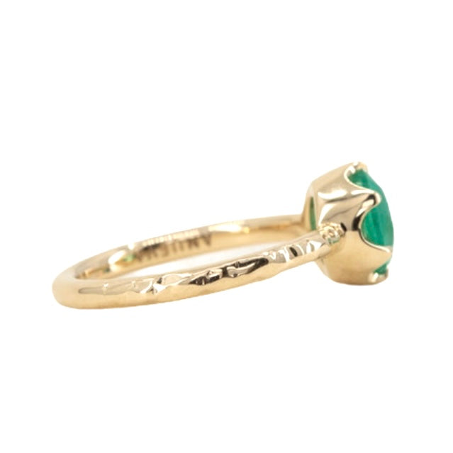 Neon Emerald Low Profile Six Prong Antique Evergreen Solitaires in 14k Yellow and Rose Gold side view