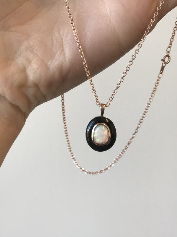 Opal and Black Jade Pendant in 14k Rose Gold, with chain