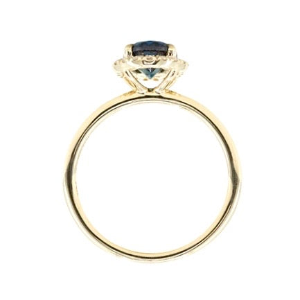 1.55ct Oval Blue Nigerian Sapphire and Diamond Four Prong Halo Ring in 14k Yellow Gold profile