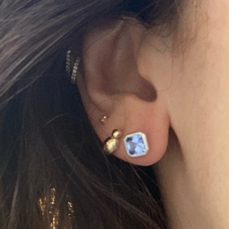 Radiant Cut Sapphire and 18k white gold bezel set earrings