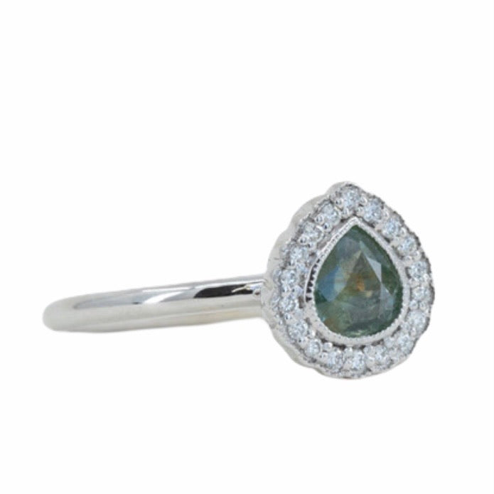 0.53ct Pear Sapphire and Scalloped Antique Style Diamond Halo Ring in 14k White Gold