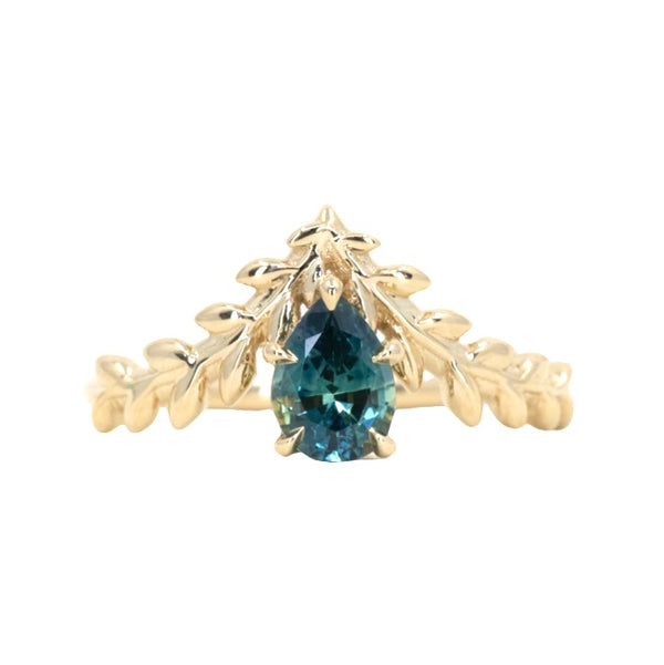 0.88ct Teal Blue Green Parti Pear Sapphire Pointed Vine Prong Set Ring in 14k yellow gold