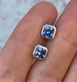 Radiant Cut Sapphire and 18k white gold bezel set earrings
