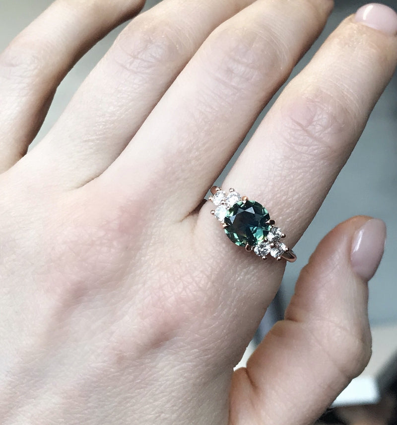 2.07ct Untreated Green Parti Sapphire and White Diamond Side Stone Cluster Ring in 14K Rose Gold