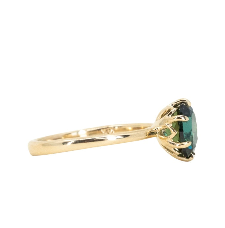 1.68ct Oval Deep Teal Blue Green Kenyan Sapphire Lotus Six Prong Solitaire in 14k Yellow Gold