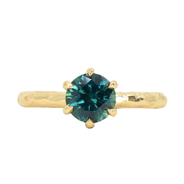 1.44ct Teal Precision Cut Montana Sapphire Evergreen Six Prong Solitaire in 18k Yellow Gold