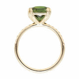 4.52ct Forest Green Radiant Cut Sapphire Double Claw Prong Solitaire with Diamonds in 14k Yellow Gold profile view
