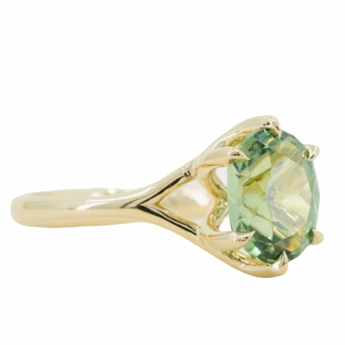 3.25ct Seafoam Blue Green Madagascar Sapphire Six Prong Split Shank Ring in 14k Yellow Gold side view