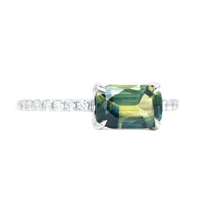 1.17ct Emerald Cut Parti Sapphire and diamonds in 14k White Gold Low Profile