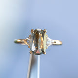3.02ct Elongated Cushion Rosecut Diamond and Trillion Diamond Three Stone Ring in 18k Yellow Gold