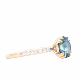 2.49ct Round Teal Blue Montana Sapphire Double Claw Prong Solitaire with French Diamonds in 18k Yellow Gold
