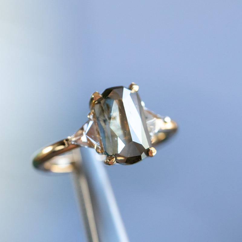 3.02ct Elongated Cushion Rosecut Diamond and Trillion Diamond Three Stone Ring in 18k Yellow Gold