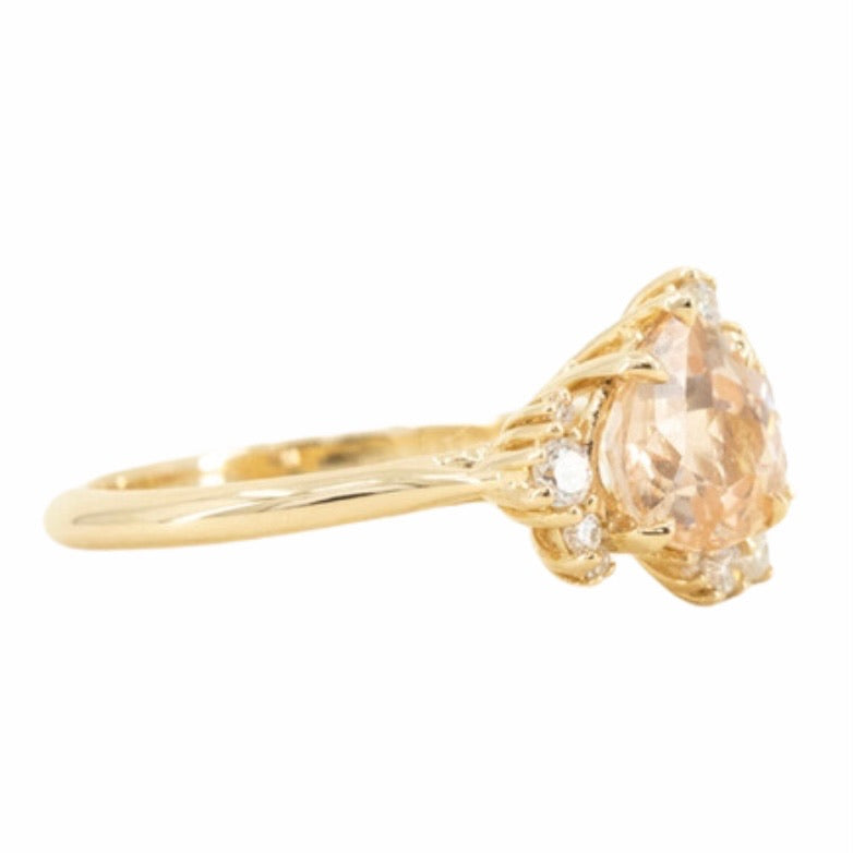 1.64ct Peach Sapphire and Asymmetrical Diamond Cluster Ring in 14k Yellow Gold side view