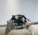 4.41ct Teal Crown Jubilee® Cut Cushion Sapphire and Diamond Three Stone Ring