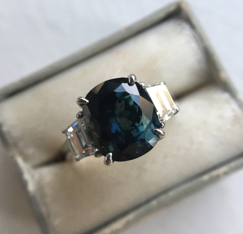 4.41ct Teal Crown Jubilee® Cut Cushion Sapphire and Diamond Three Stone Ring