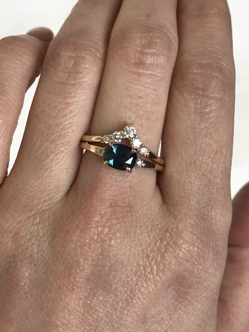 Teal Blue Three Stone Ring featuring 1.15ct cushion sapphire and diamonds in East-West setting