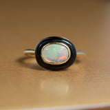 Opal and black jade cabochon ring in 14k Yellow Gold